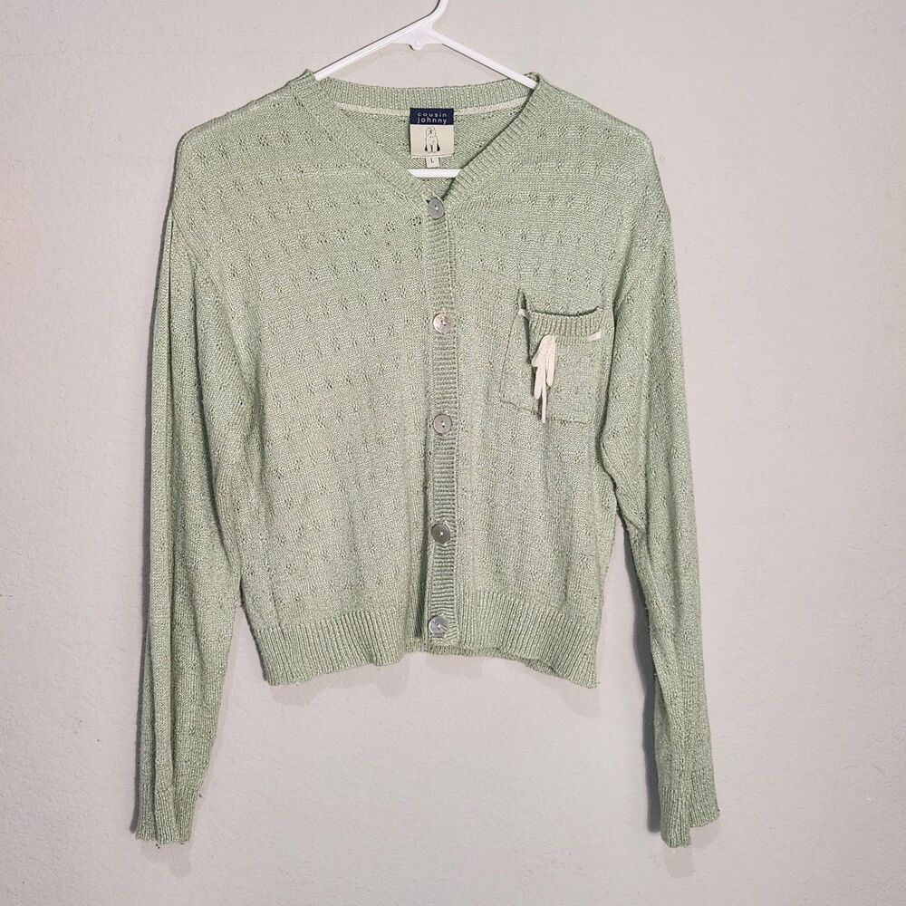 Vintage Y2K Cousin Johnny Mint Green Pointelle Knit‎ Cardigan Sweater L